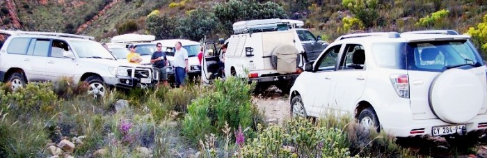 A variety of 4x4 vehicles at the end of the trail